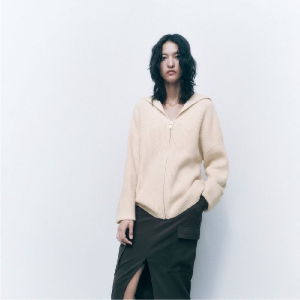 Zara Cream Full Zip Chunky Ribbed Sweater Relaxed Fit Cuffed Sleeves Size Large